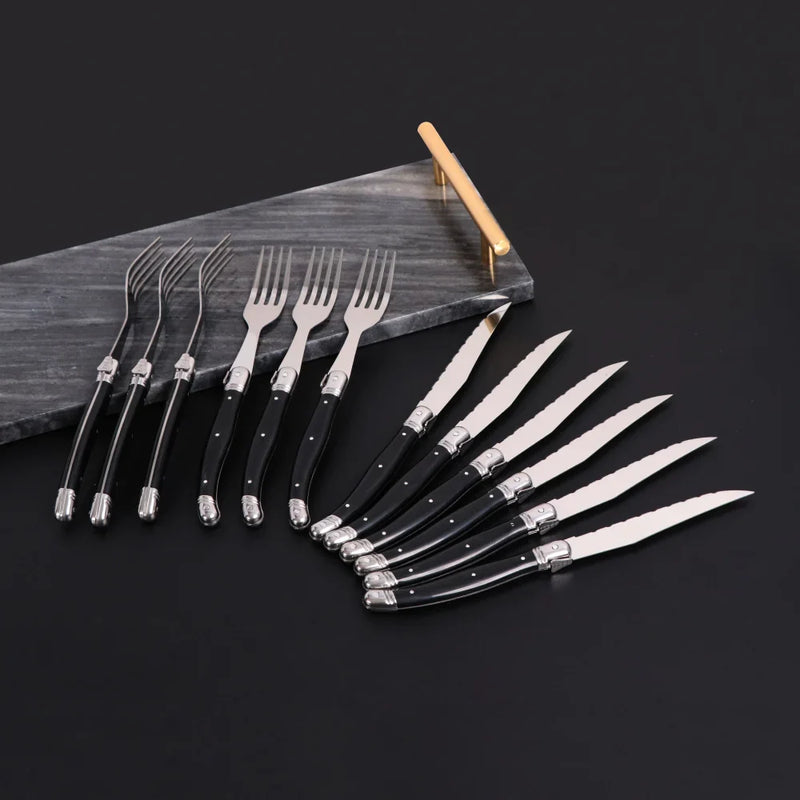 Set Of 6 Stainless Steel Steak Knives And Forks Full Tang Laguiole Steel Cutlery Dinner Set With Black ABS Handle Tablewares