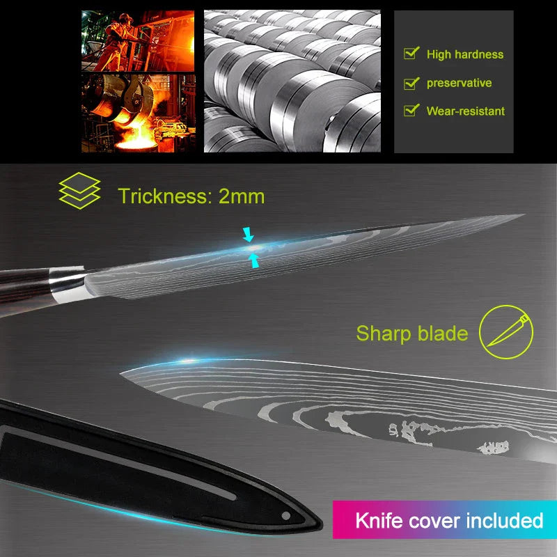 Japanese Kitchen Knife Set Laser Damascus Pattern Stainless Steel  Sharp Cleaver Slicing Utility Knives Kitchen Tools