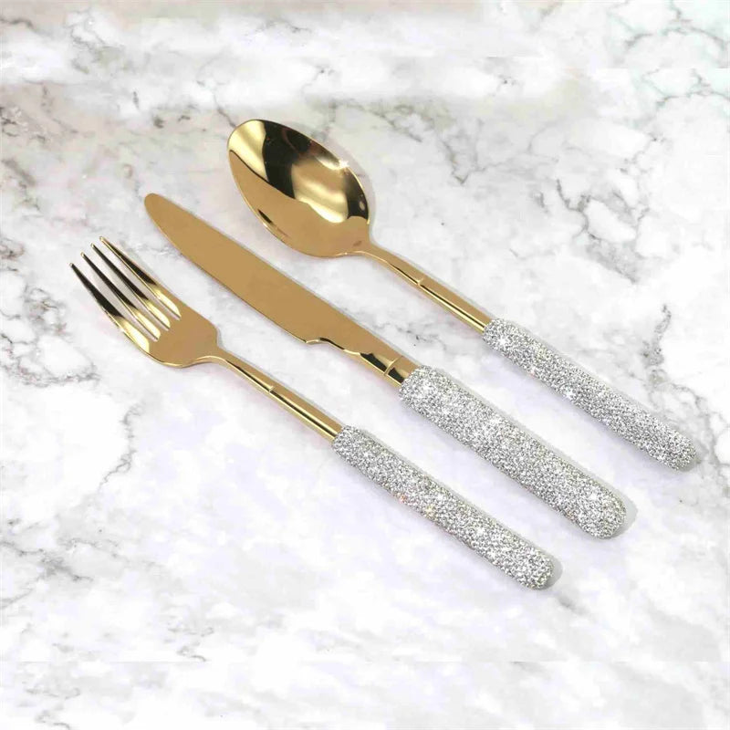Luxury Diamond Cutlery Stainless Steel Fork Spoon Knife Gold Silver Silverware Tableware Home Kitchen Dinnerware Wedding Supply