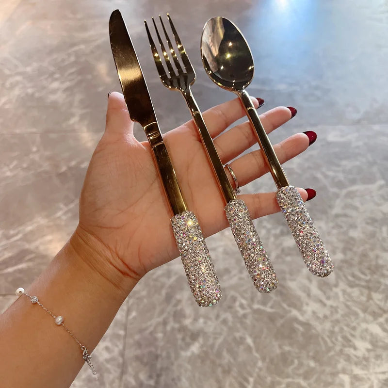 Luxury Diamond Cutlery Stainless Steel Fork Spoon Knife Gold Silver Silverware Tableware Home Kitchen Dinnerware Wedding Supply